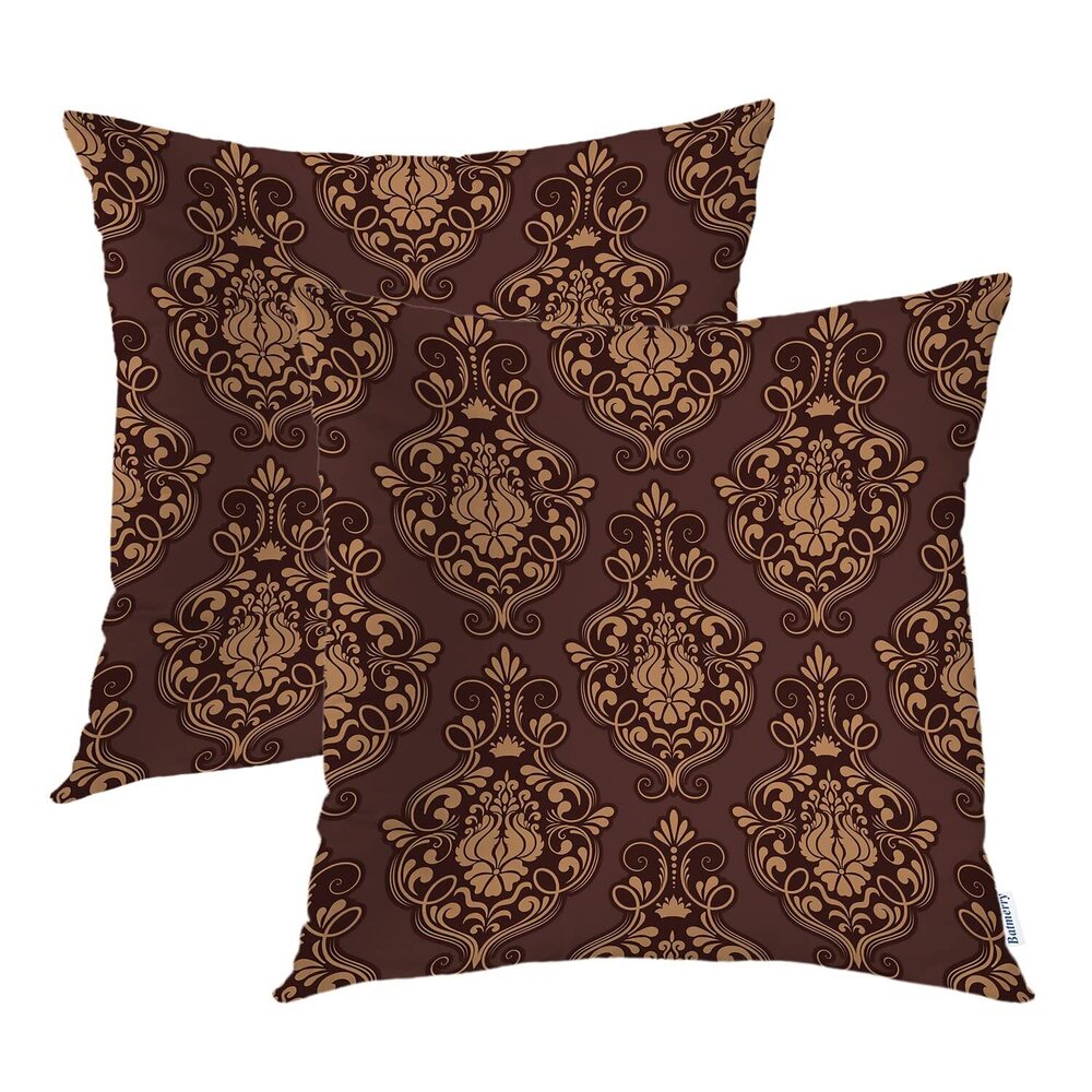 4850 Brown Damask Floral Throw Pillow Covers,Vintage Golden Brown Damask